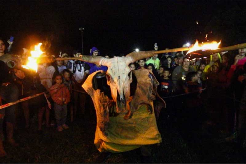 El toro candil recorre el festival, una parodia animada de la corrida de toros, donde la representación de madera, lona y hueso, con astas en llamas, persigue a los asistentes, quienes disfrutan con emoción el dinamismo de esta tradición. 