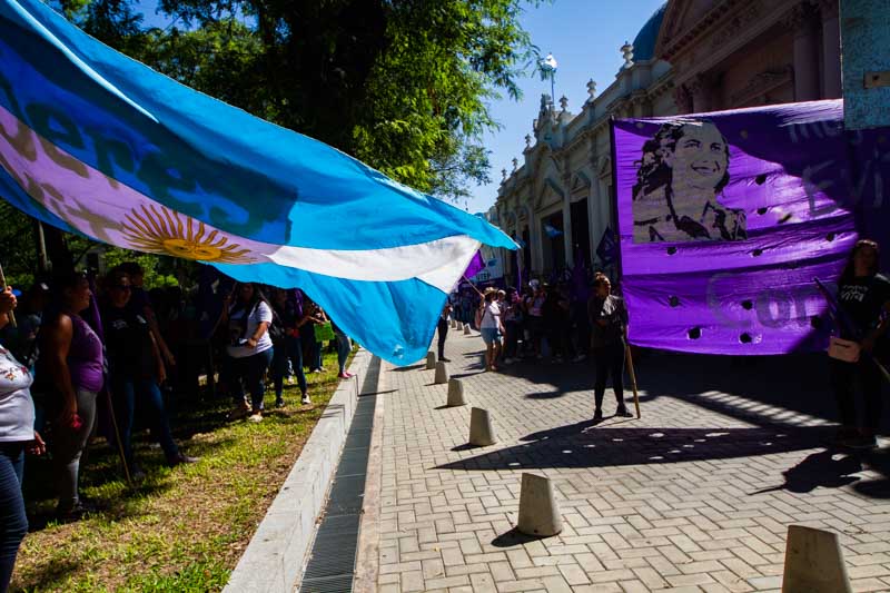 La bandera argentina flameando en la manifestación. 