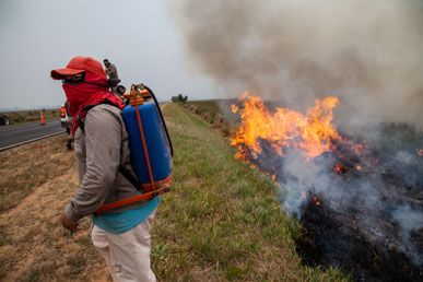 20 de febrero de 2022.  Departamento Ituzaingó, Sana Tecla, sobre ruta 12. Trabajdores rurales hacen frente a las llamas con equipamiento propio sin ayuda de bomberos.