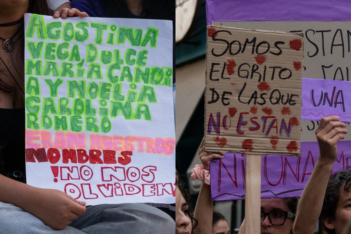 Los nombres escritos en las pancartas recuperan historias que dejaron una marca en la sociedad. Junto a ellos, las consignas recuerdan que el movimiento también se construye desde la memoria de quienes ya no están.