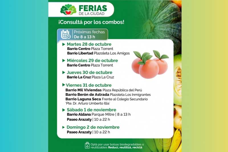 El sábado 1 de noviembre, las ferias se instalarán en el parque Mitre y, por la tarde, en el Paseo Arazaty de 10 a 22. Finalmente, el domingo 2 de noviembre, los puestos ofrecerán productos en el Paseo Arazaty de 10 a 20, con plantas ornamentales, ofertas gastronómicas, artesanías y manualidades, cerrando así el calendario de octubre.